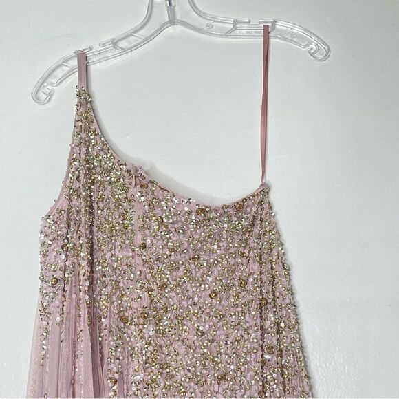 Mac Duggal 9224 Size 4 One Shoulder Embellished Trapeze A-Line Gown, Tan/Blush - Picture 6 of 13